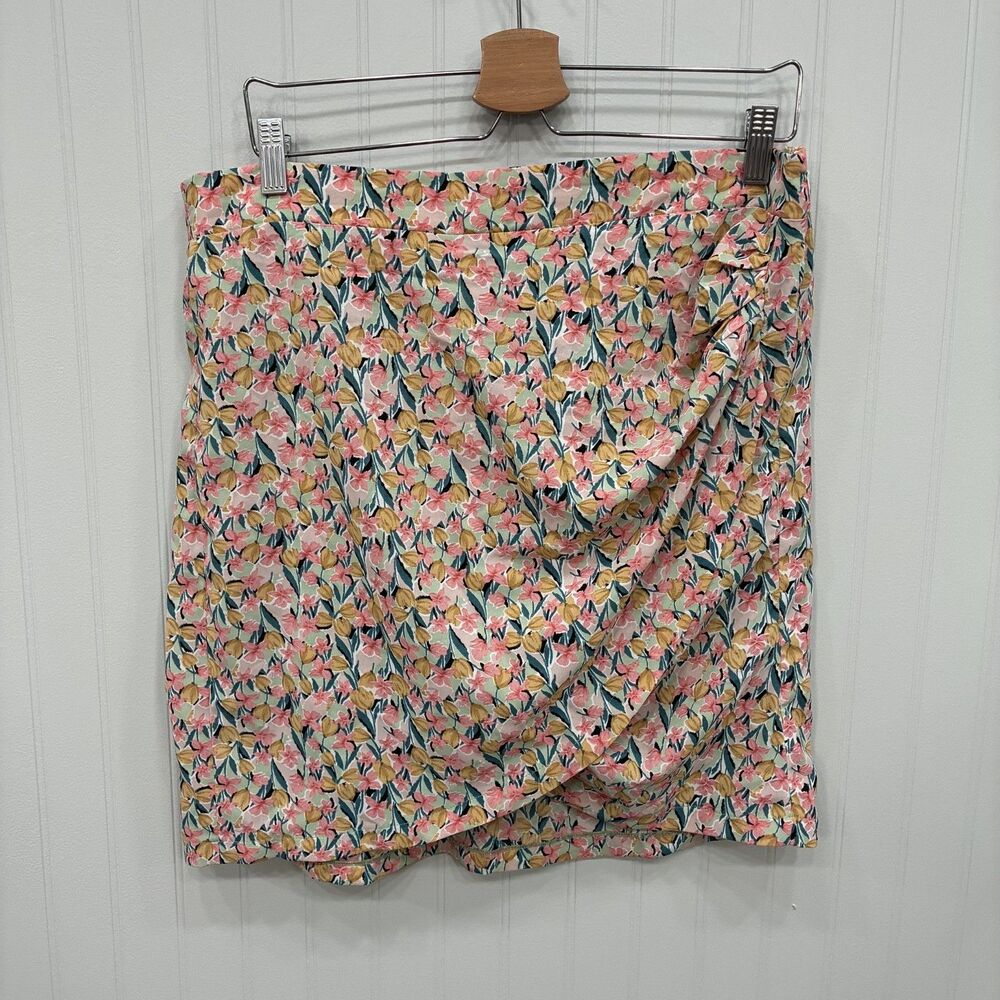 Molly Bracken Floral Mini Skirt XL Pink Yellow Ruched Wrap Front Boho Colorful